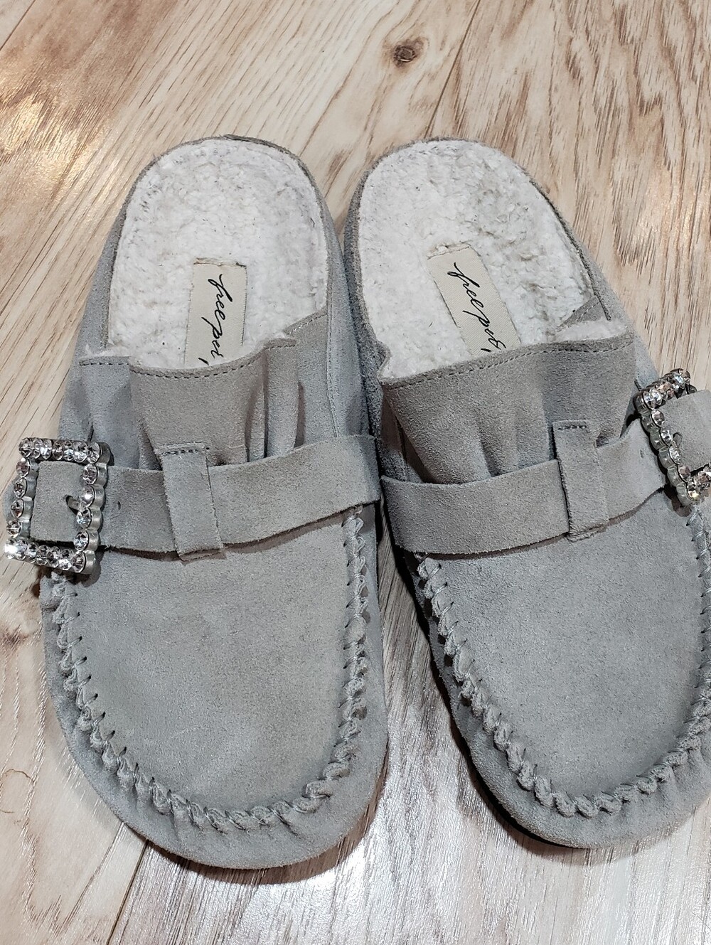 Free People After Riding Mules In Gray Suede Shearling Lining Crystal Buckle 7 - Picture 5 of 6